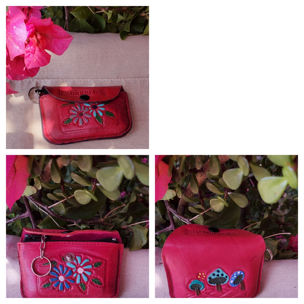 Pink Leather Floral Keychain Wallet